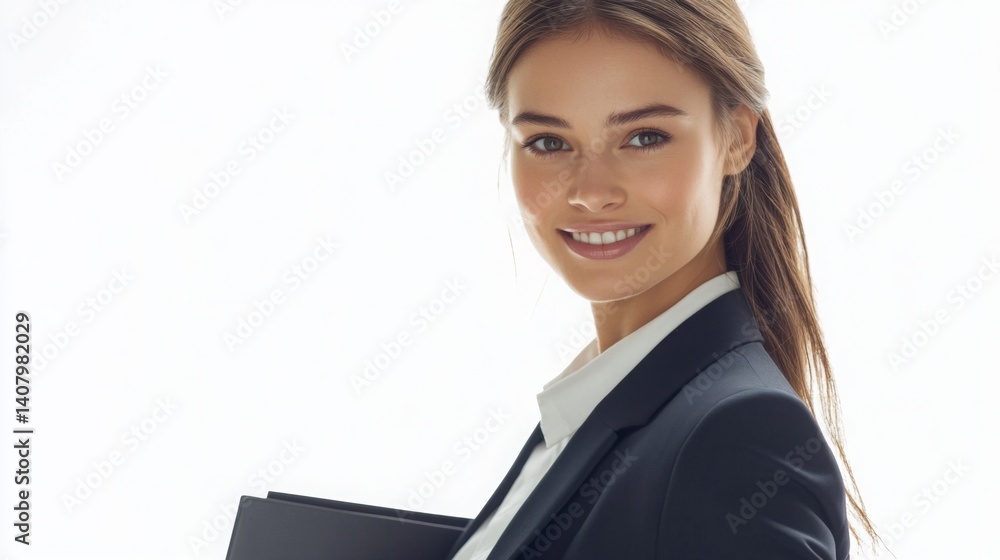 Confident businesswoman smiling while holding a folder in a bright office environment during the daytime Confident businesswoman smiling while holding a folder in a bright office environment during the daytime
