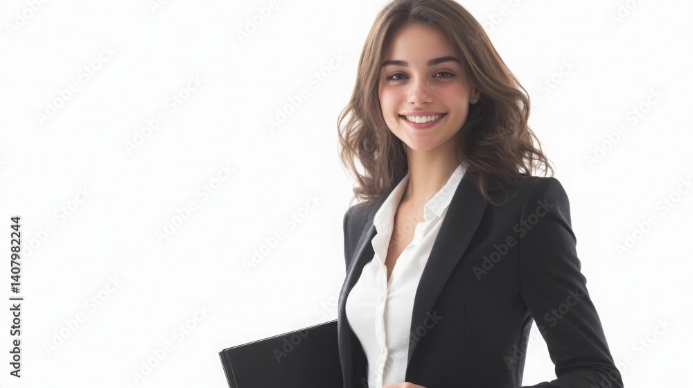 Professional woman in business attire smiling while holding a folder in a bright, neutral setting during a formal event Professional woman in business attire smiling while holding a folder in a bright, neutral setting during a formal event