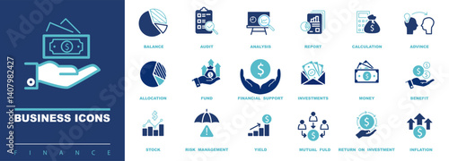 Business icons, set, infographics. SEO, sign, business. Economy, money, fund, investor. Concept icons of investor, assets, risk management, financial gain, interest and shares. Vector illustration