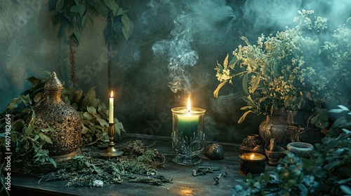 Mystical herbal altar with glowing candles, aromatic smoke, vintage vessels, and wildflowers evoking a magical and witchy ambiance