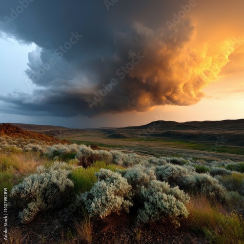 Dramatic cloud formation over rolling hills at sunset
