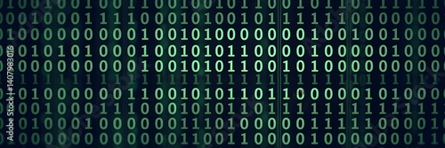 Green binary digits on dark background, binary data flow 