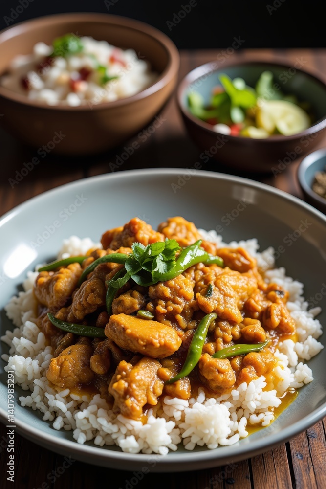 Delicious Indian Chicken Curry with Rice Served on a Plate Delicious Indian Chicken Curry with Rice Served on a Plate