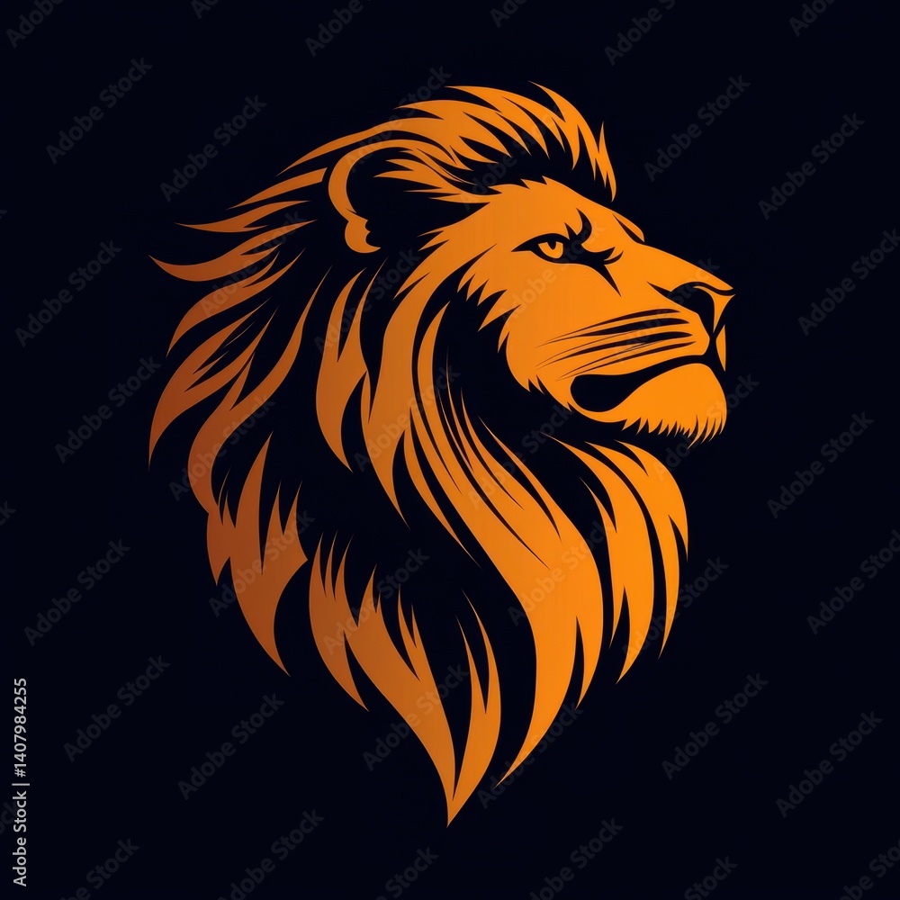 Lion's majestic profile captured in striking orange against a dark background, showcasing strength and power Lion's majestic profile captured in striking orange against a dark background, showcasing strength and power