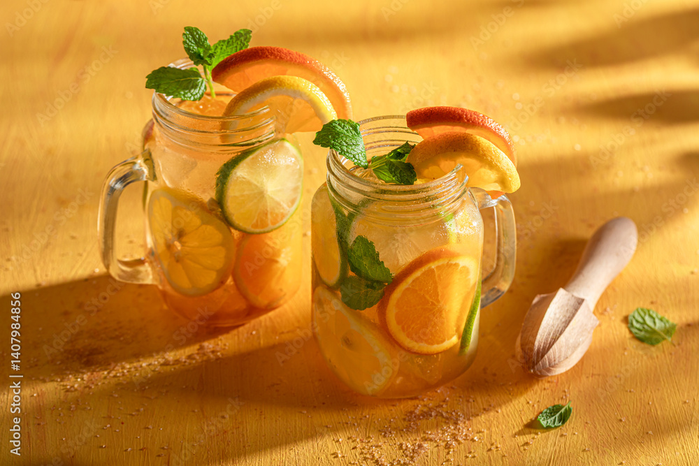 Cool freshly lemonade as non alcoholic beverage on ice.