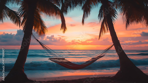 Fototapeta Naklejka Na Ścianę i Meble -  tied between two palm trees on a tropical beach, with the ocean waves in the background and the sky painted in shades of pink and orange during sunset 
