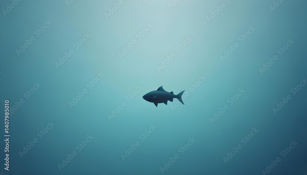 Light blue summer background with small fish silhouette — minimal ocean horizontal layout with empty space for text or website use Light blue summer background with small fish silhouette — minimal ocean horizontal layout with empty space for text or website use