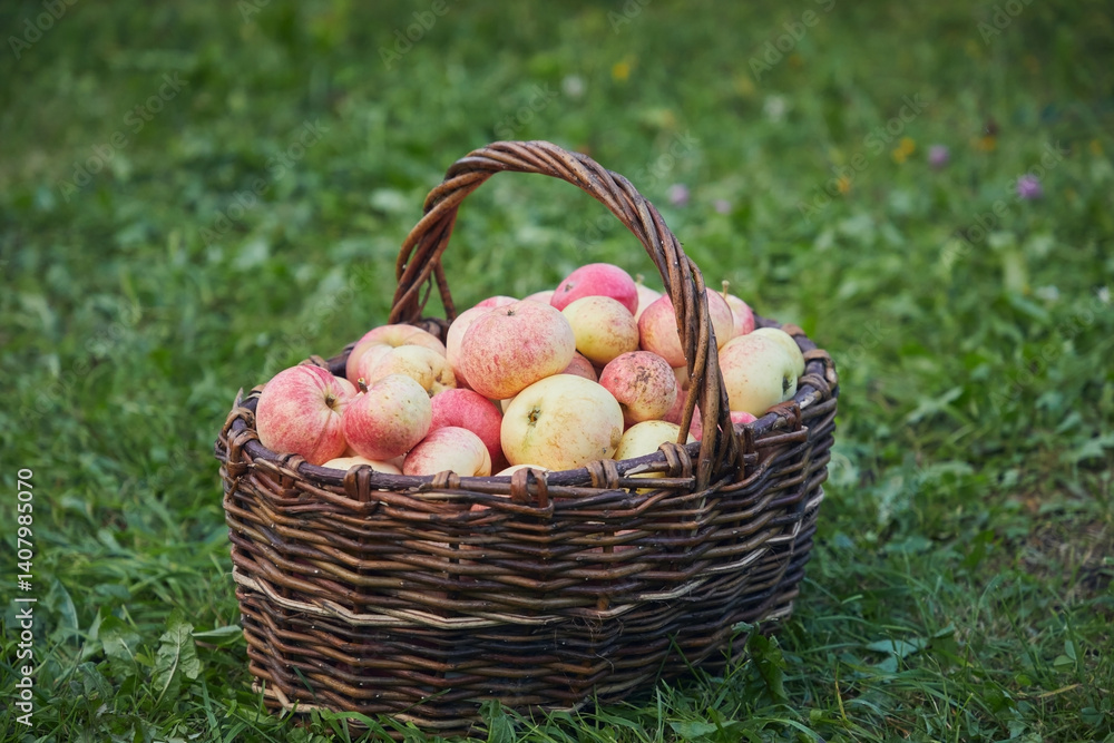Basket with red apples on green grass Basket with red apples on green grass