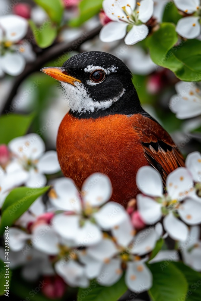 Obraz premium Bright robin perched among spring blossoms
