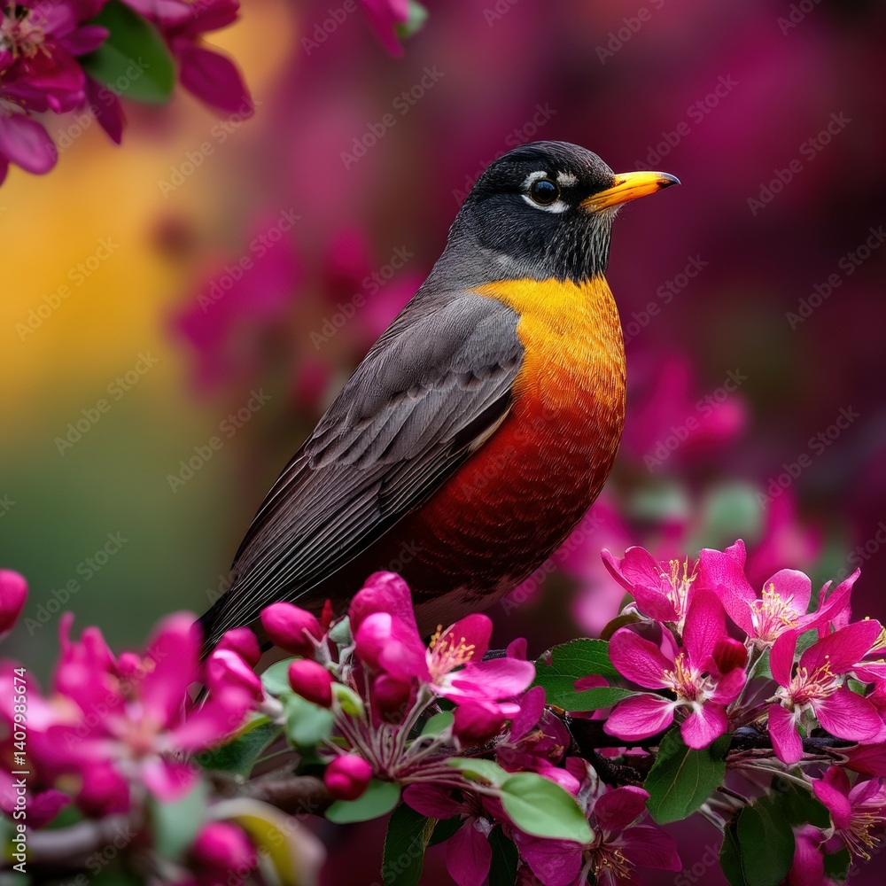 Obraz premium Spring robin perched among vibrant blooming flowers