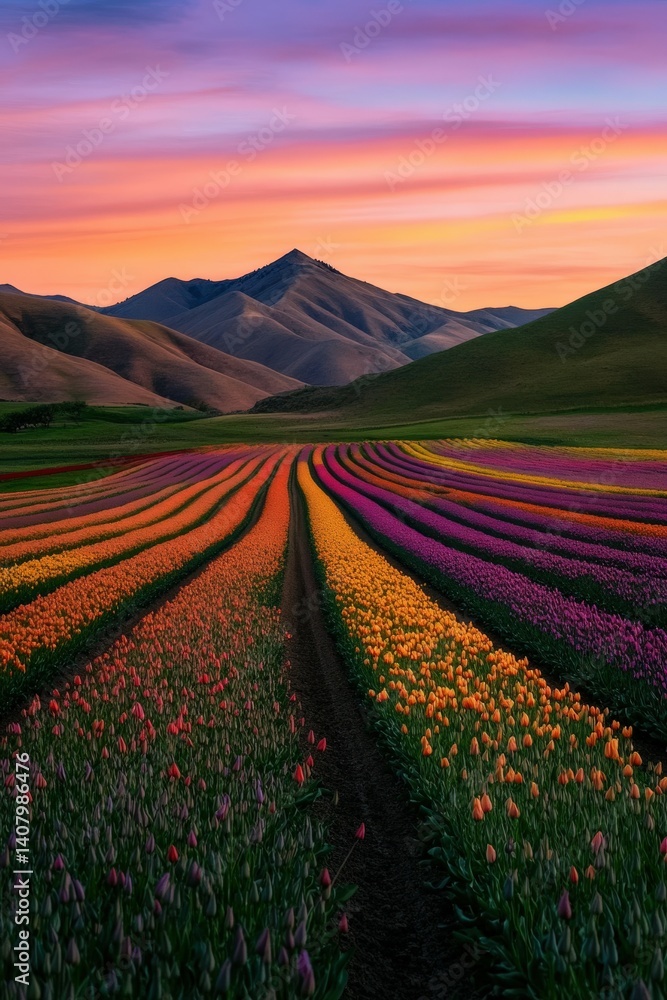 Fototapeta premium Colorful tulip fields under a vibrant spring sunset