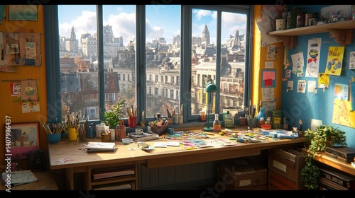 Wallpaper Mural Cozy artist's workspace with city view.  Bright and cheerful studio, filled with supplies, and overlooking a bustling cityscape.  Plenty of natural light streams through the large window Torontodigital.ca