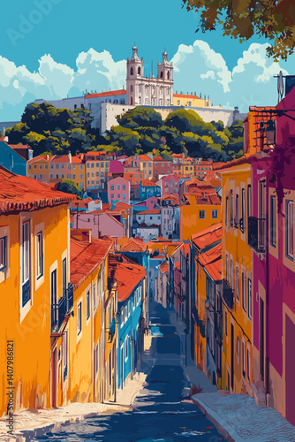 Vector illustration of a colorful street in Lisbon on a sunny day, leading up to the Church of São Vicente de Fora. Bright façades and clear blue sky create a cheerful and vibrant cityscape