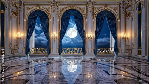 Majestic ballroom illuminated by moonlight and elegant curtains in a grand palace setting Generative AI