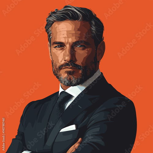 Vector illustration of a confident man in a dark suit with arms crossed. Serious expression and sharp appearance against a bold orange background. Stylish and professional look