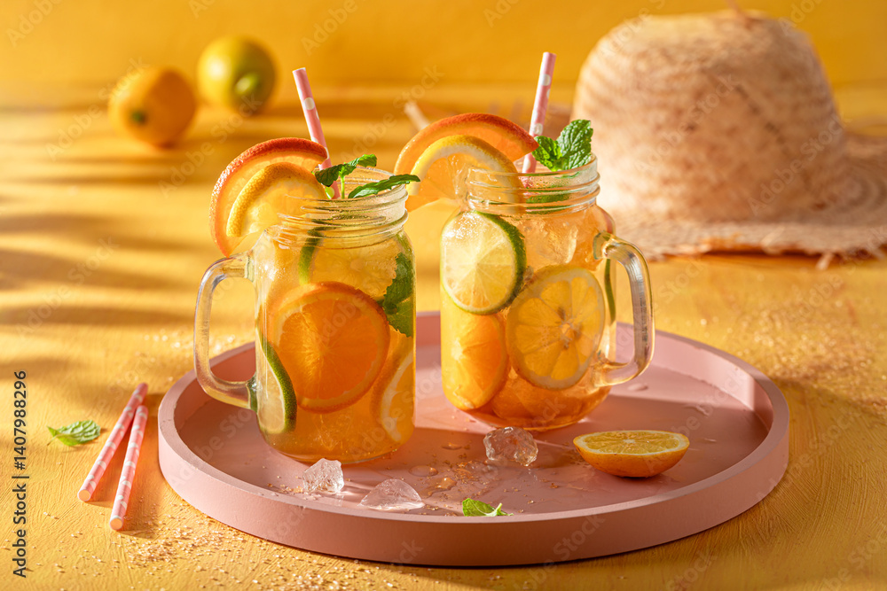 Cool freshly lemonade as drink for summer hot days.