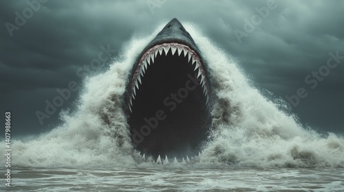 Obraz na płótnie A colossal shark emerges from tumultuous ocean waves under a stormy sky, displaying its fearsome open jaws filled with sharp teeth, symbolizing nature's raw and terrifying power. w salonie