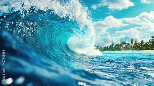 A breathtaking view of vibrant ocean waves crashing against the shore under a sunny sky, surrounded by lush greenery, capturing the beauty and energy of nature in a tropical paradise setting.