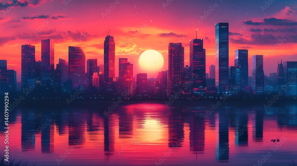 Fototapeta premium Sunset illuminating modern architecture and city skyline high resolution picture