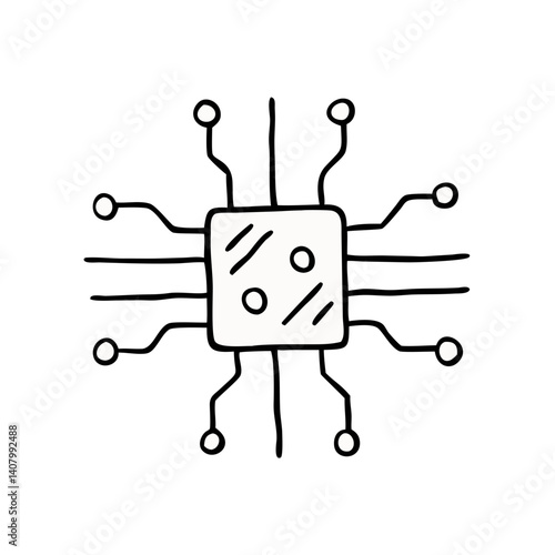Circuit board illustration: A minimalist monochrome depiction of a circuit board, a fundamental element in technology, showcasing intricate pathways and connections in a simple, yet elegant design.