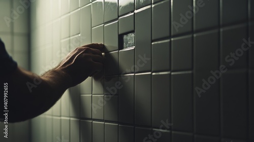 Tile setter placing tiles on a bathroom wall. Featuring precision and neatness