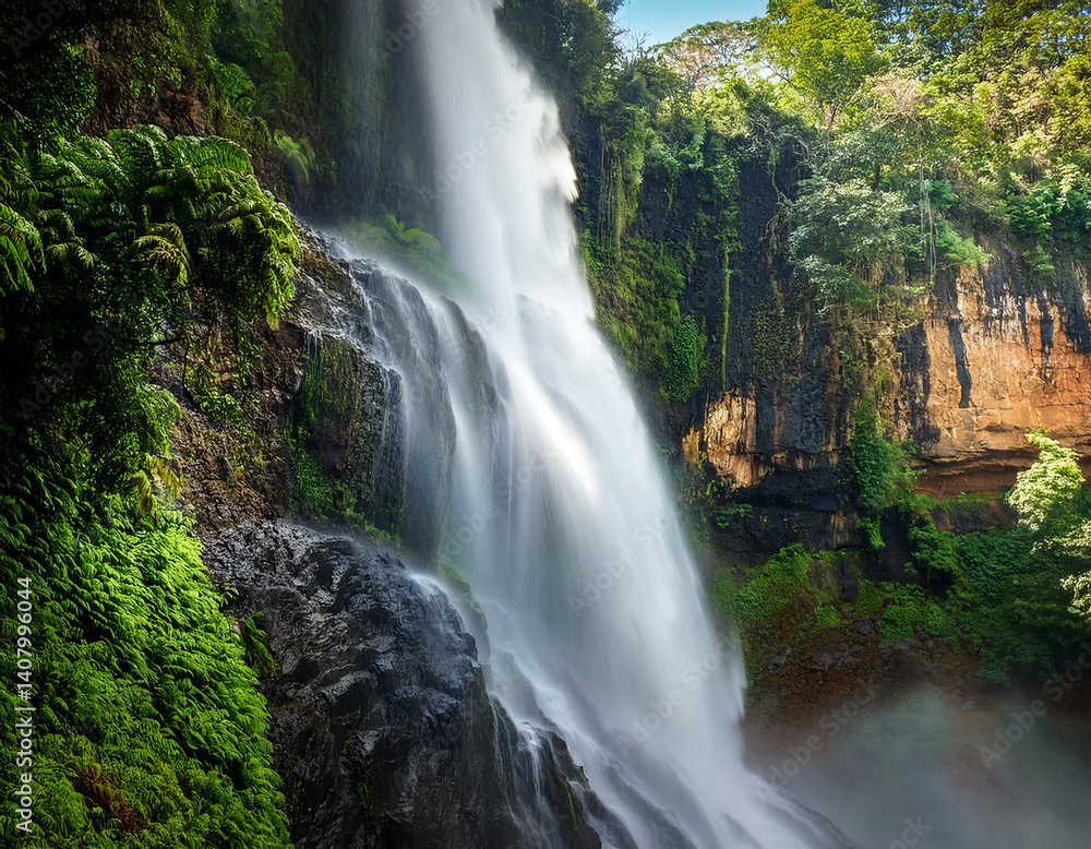 The powerful spray of a waterfall cascading down a rocky cliff surrounded by lush vegetation. The powerful spray of a waterfall cascading down a rocky cliff surrounded by lush vegetation.