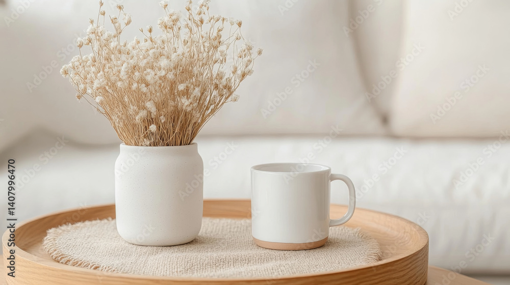minimalist arrangement featuring white vase with dried flowers and white mug on wooden tray, creating serene and cozy atmosphere