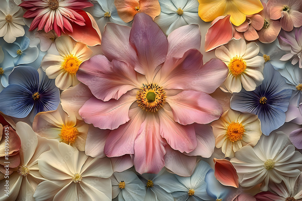 A vibrant arrangement of colorful pressed flowers. A vibrant arrangement of colorful pressed flowers.