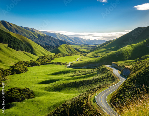 A winding road snakes through a lush green valley in rural New Zealand.