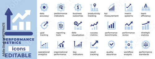 Editable performance metrics vector set with charts, KPIs, analytics and dashboard icons