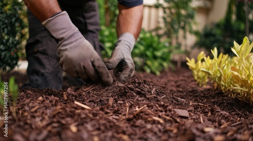 Hispanic landscaper adding mulch to garden beds. Featuring landscaping and garden care