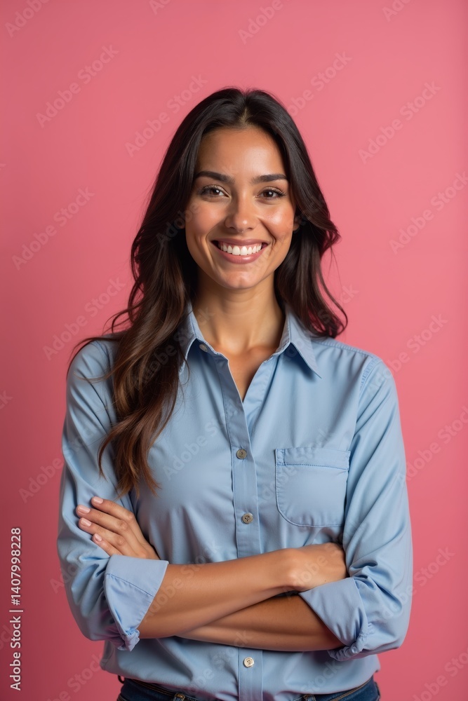 Isolated woman teacher smiling confidently with arms crossed wearing blue shirt against pink background Isolated woman teacher smiling confidently with arms crossed wearing blue shirt against pink background