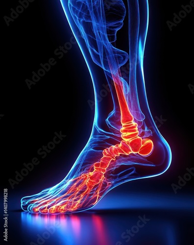 Anatomical Illustration of Human Ankle Pain and Injury with X-ray View