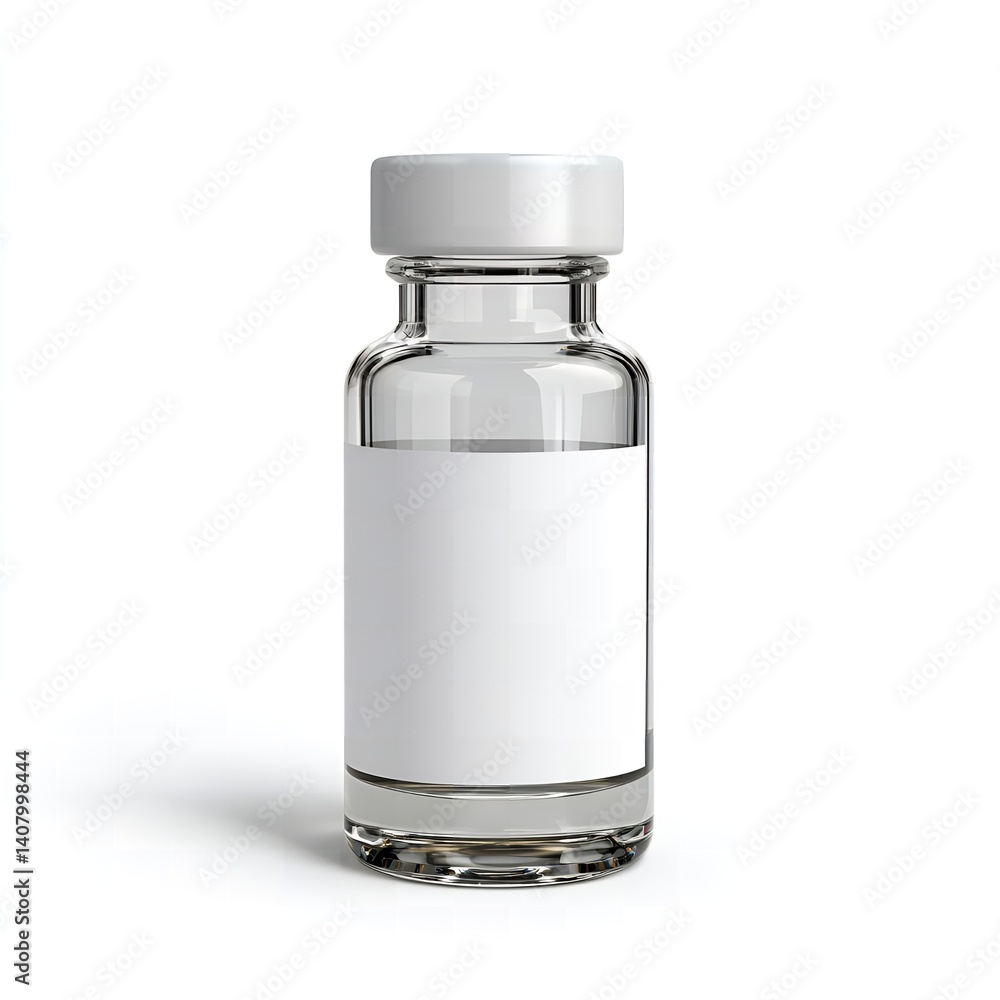 Clear Glass Vial with White Cap and Blank Label Ideal for Medicine or Vaccine Packaging Clear Glass Vial with White Cap and Blank Label Ideal for Medicine or Vaccine Packaging