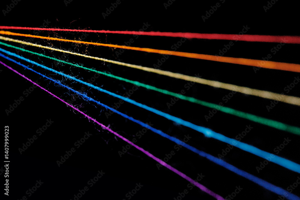 multicolored sewing threads in the form of a rainbow on a black background