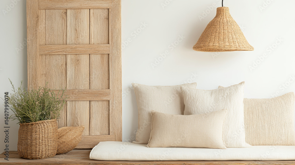 cozy interior featuring wooden door, neutral cushions, and woven pendant light. natural textures and soft colors create serene atmosphere