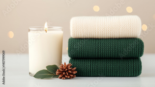 Cozy stacked blankets with candle and pinecone create warm atmosphere. Perfect for relaxation and comfort during colder months