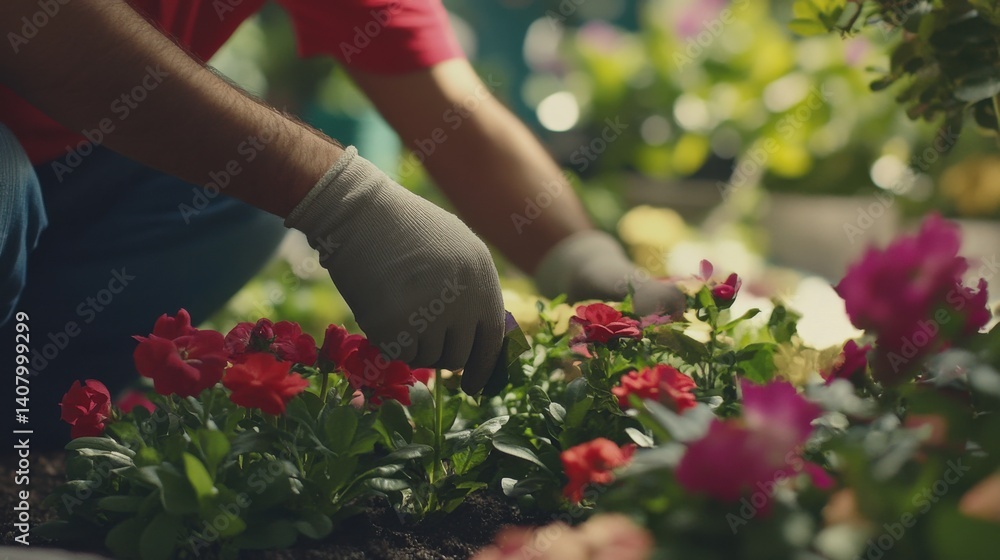 Obraz premium Hispanic landscaper creating a flower bed in a garden. Featuring landscaping and garden design