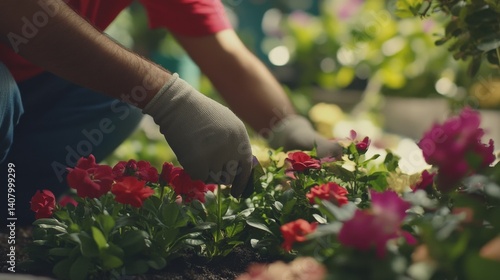 Fototapeta Naklejka Na Ścianę i Meble -  Hispanic landscaper creating a flower bed in a garden. Featuring landscaping and garden design