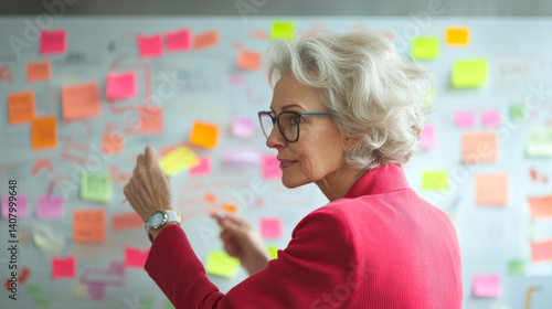 Senior woman in red blazer working on project with sticky notes, showcasing creativity and collaboration in modern office environment