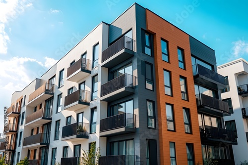 Modern apartment building exterior.
