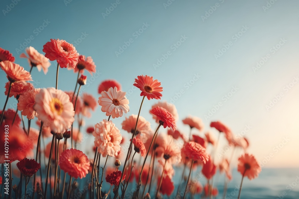 Obraz premium Field of colorful flowers blooming under a clear blue sky near the sea