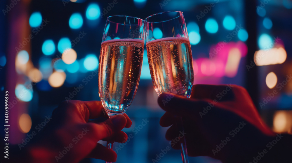 Cheers with sparkling champagne in elegant flutes, celebrating special moment. vibrant bokeh lights create festive atmosphere, enhancing joy of occasion