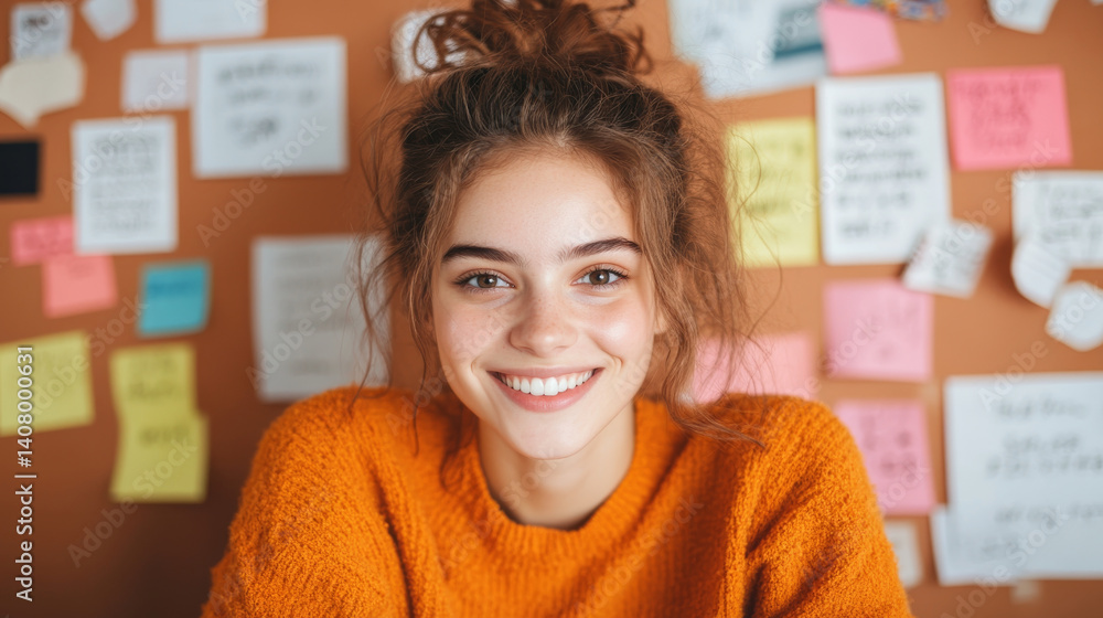 young woman with joyful expression wearing orange sweater, sitting in front of wall covered with colorful sticky notes. atmosphere is creative and vibrant