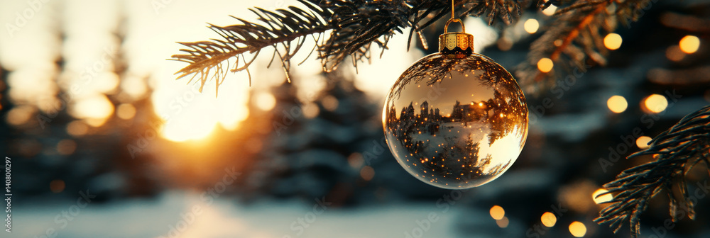 beautiful golden ornament hangs from pine tree branch, reflecting winter landscape at sunset. warm glow of lights adds festive touch to serene scene