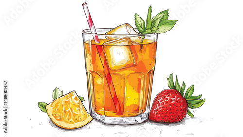 Refreshing hand-drawn illustration of iced tea cup with a straw
