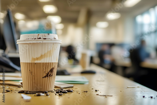 A used coffee cup sits on a cluttered office desk.
