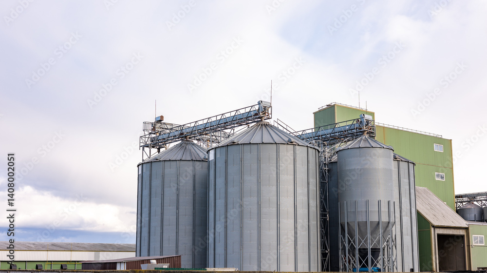 A low-angle view of large fly ash silos at an industrial plant, showcasing the towering infrastructure used for ash storage and processing. The silos are equipped with ladders and metal support struct A low-angle view of large fly ash silos at an industrial plant, showcasing the towering infrastructure used for ash storage and processing. The silos are equipped with ladders and metal support struct