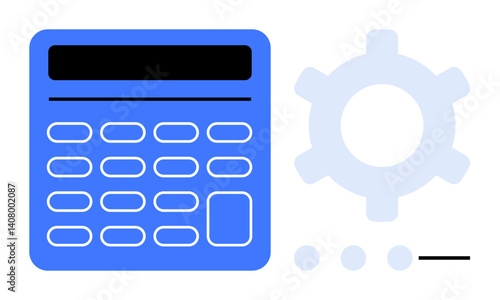 Blue calculator paired with a light gear, dots, and a line. Ideal for finance, accounting, automation, efficiency, technology business analysis data processing. Flat simple metaphor