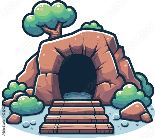 緑に囲まれた洞窟の入り口のイラスト
